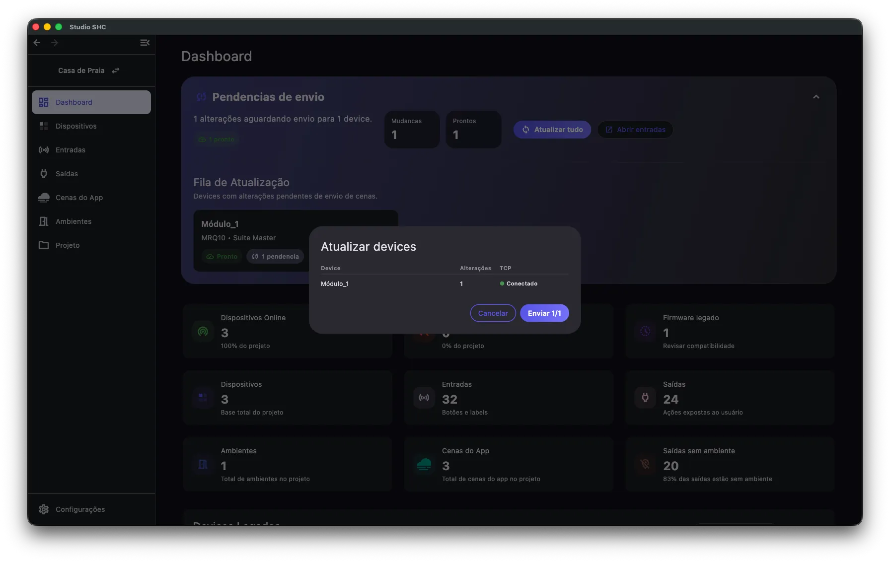 Janela Atualizar devices com a lista de equipamentos e o status de conexão de cada um