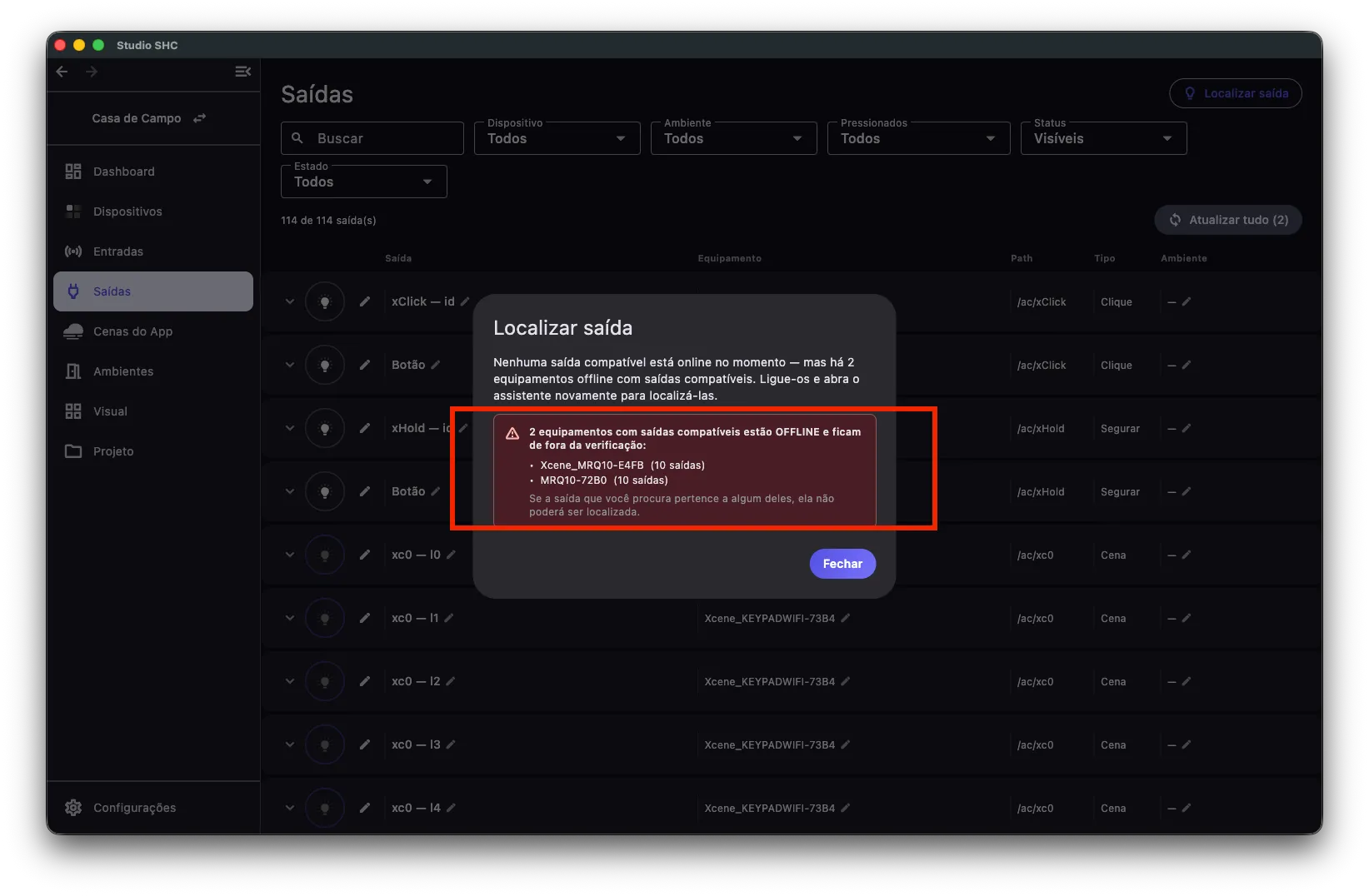 Aviso de equipamentos offline no assistente