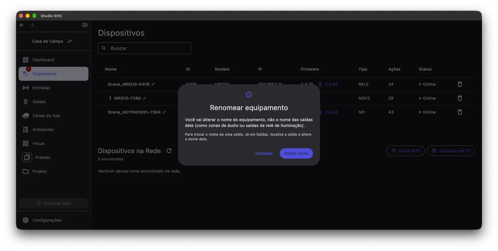 Aviso Renomear equipamento com os botões Cancelar e Editar nome