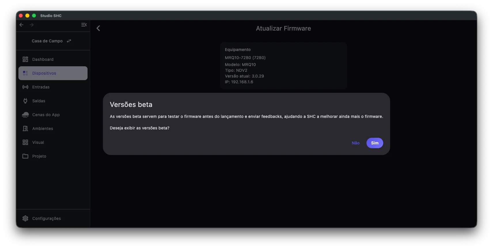 Janela Versões beta perguntando se você deseja exibir as versões beta