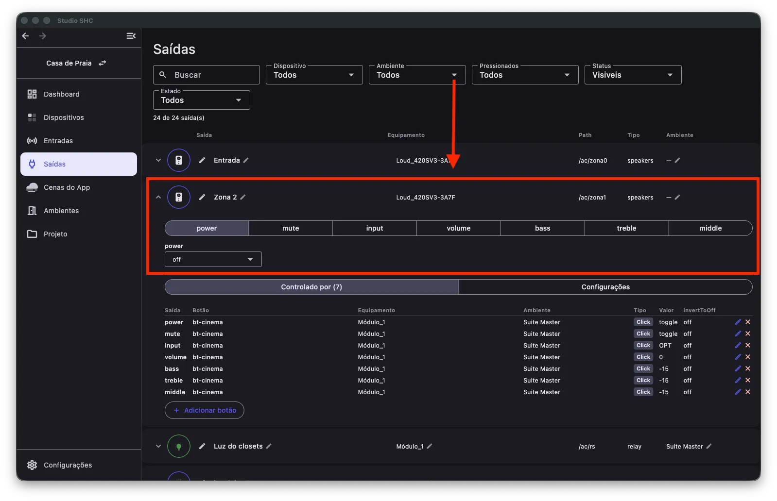 Saída expandida com os comandos power, mute, input e volume