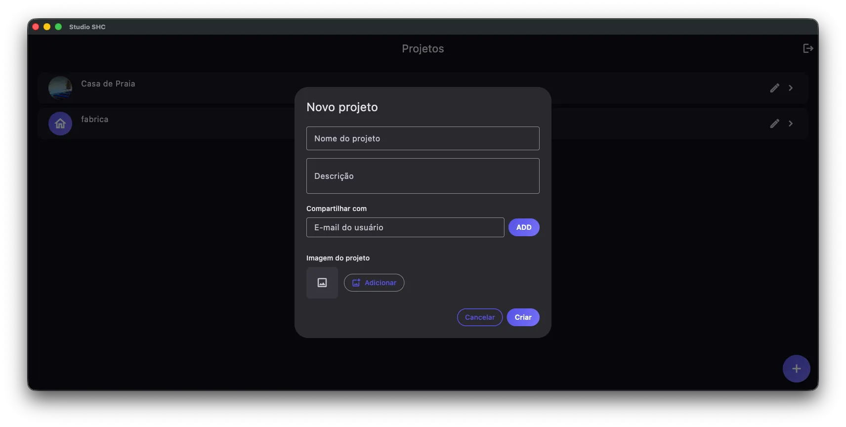 Janela Novo projeto com os campos Nome do projeto, Descrição e Compartilhar com
