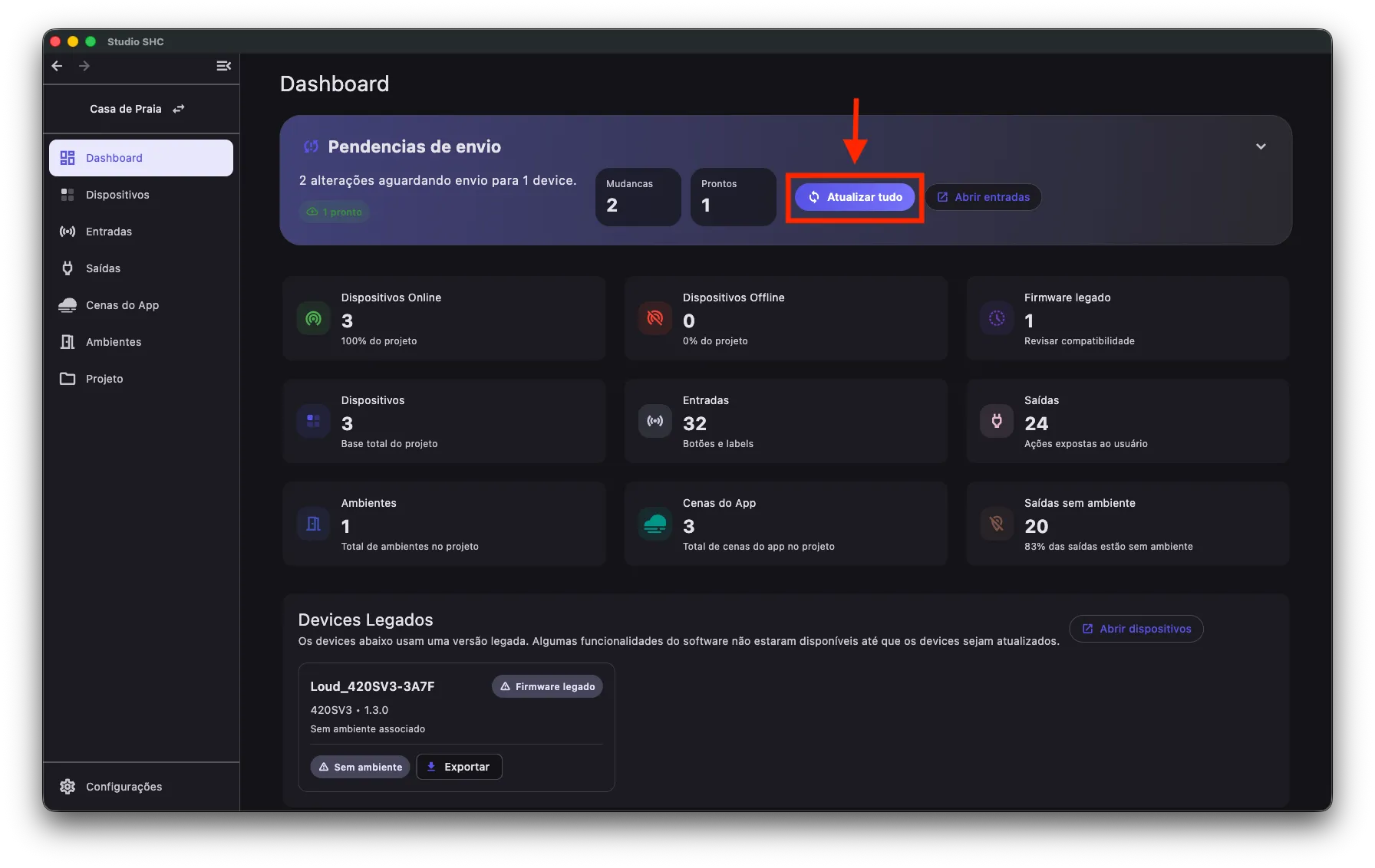 Botão Atualizar tudo no cartão Pendências de envio