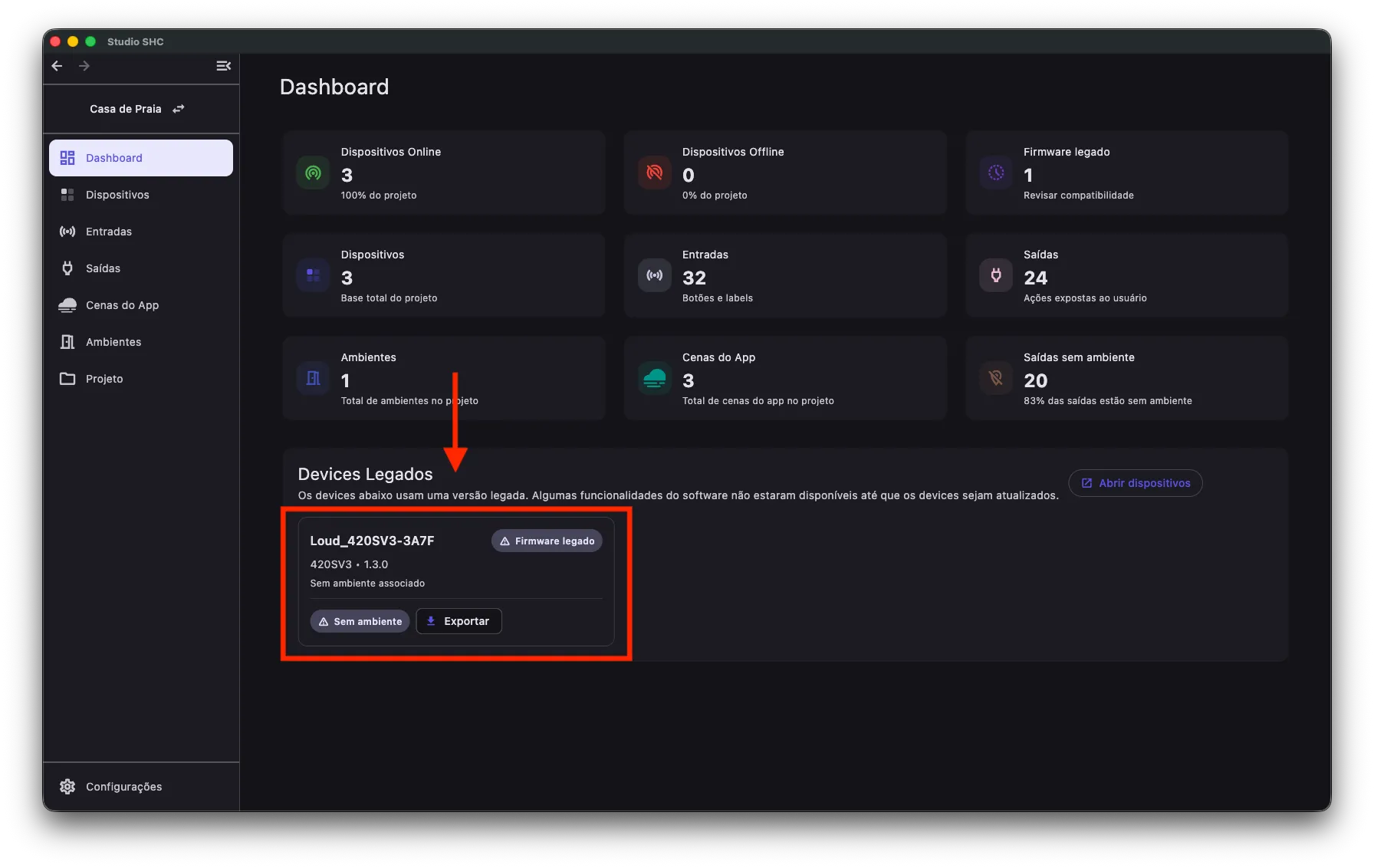 Seção Devices Legados no Dashboard, com os cartões dos equipamentos