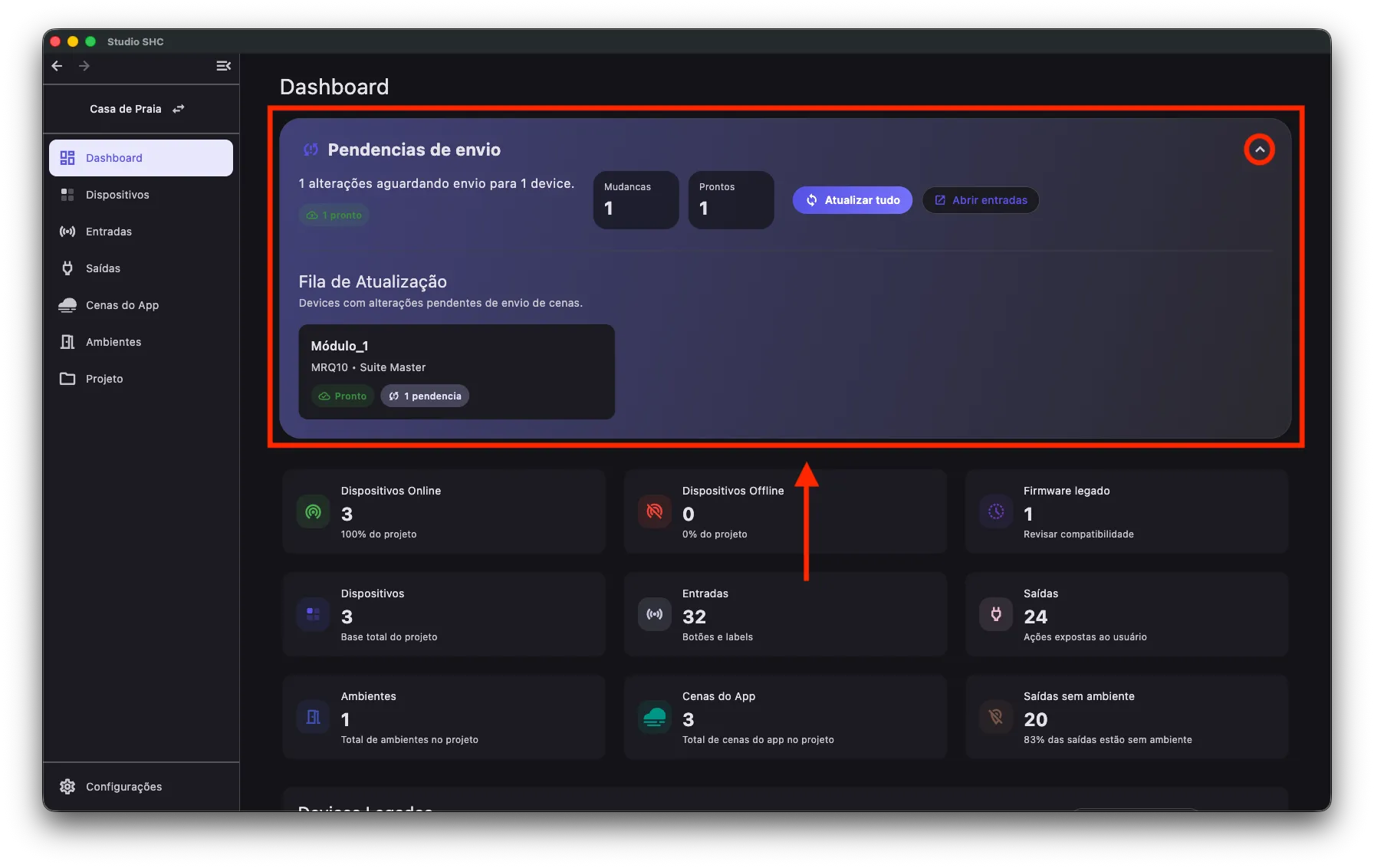 Cartão Pendências de envio aberto, mostrando a Fila de Atualização
