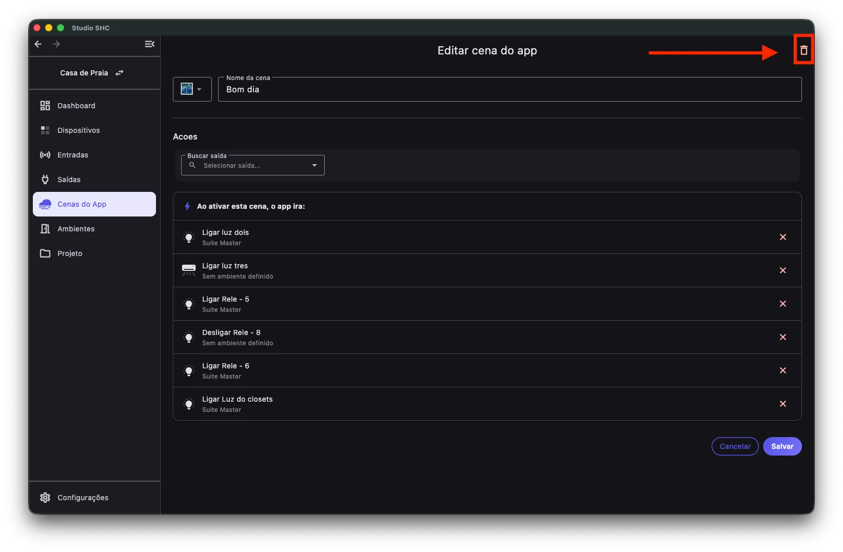 Ícone de lixeira no canto superior direito da tela Editar cena do app