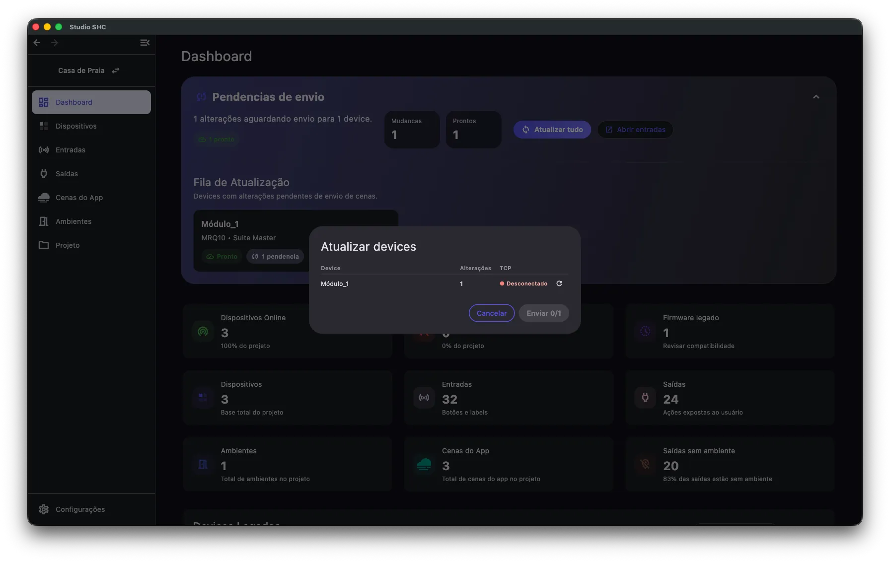Equipamento desconectado com botão de conectar