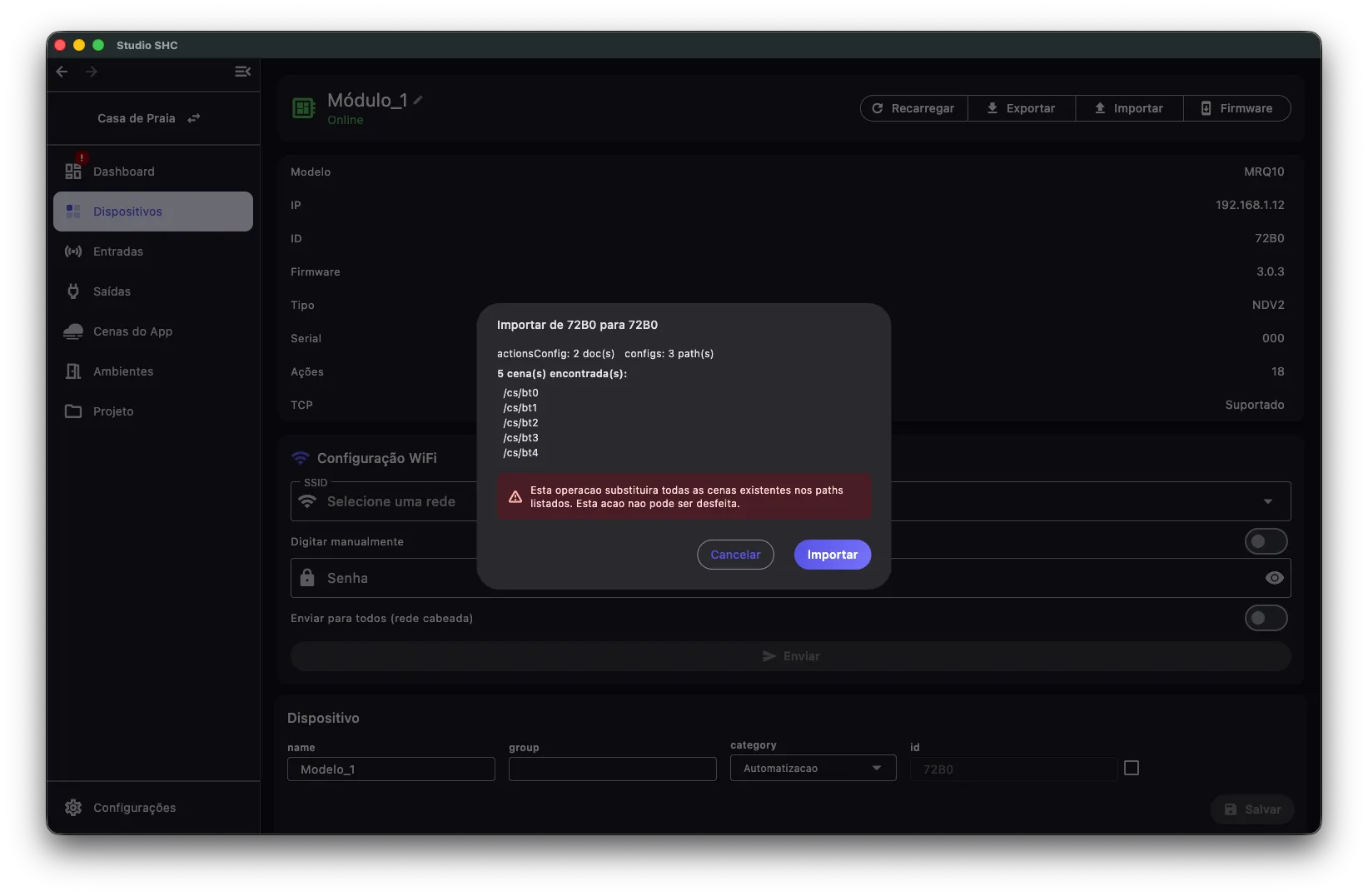 Aviso de importação de um arquivo de outro equipamento
