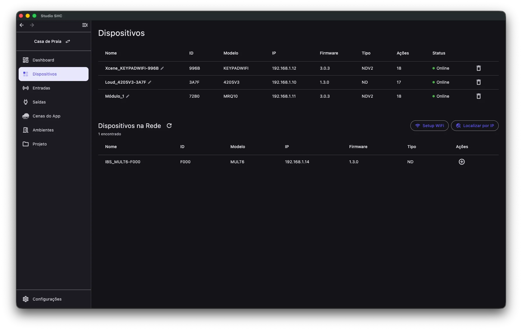 Áreas Dispositivos e Dispositivos na Rede