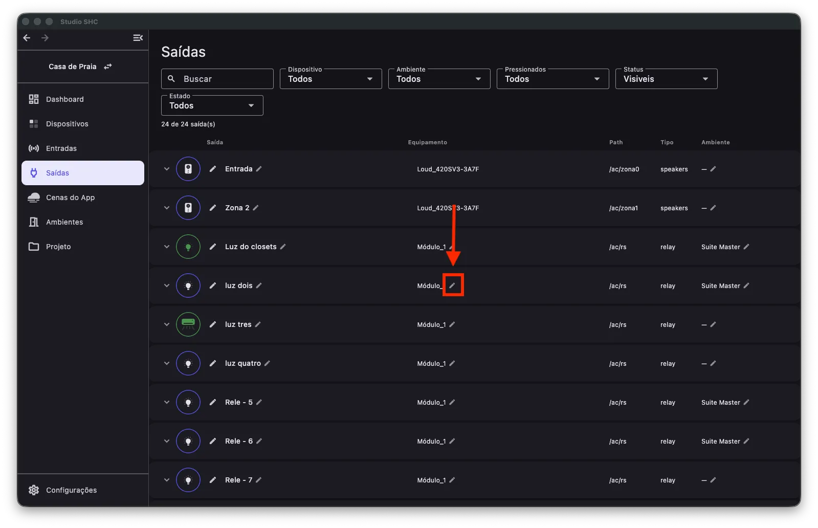 Editar o nome do equipamento pela lista de saídas
