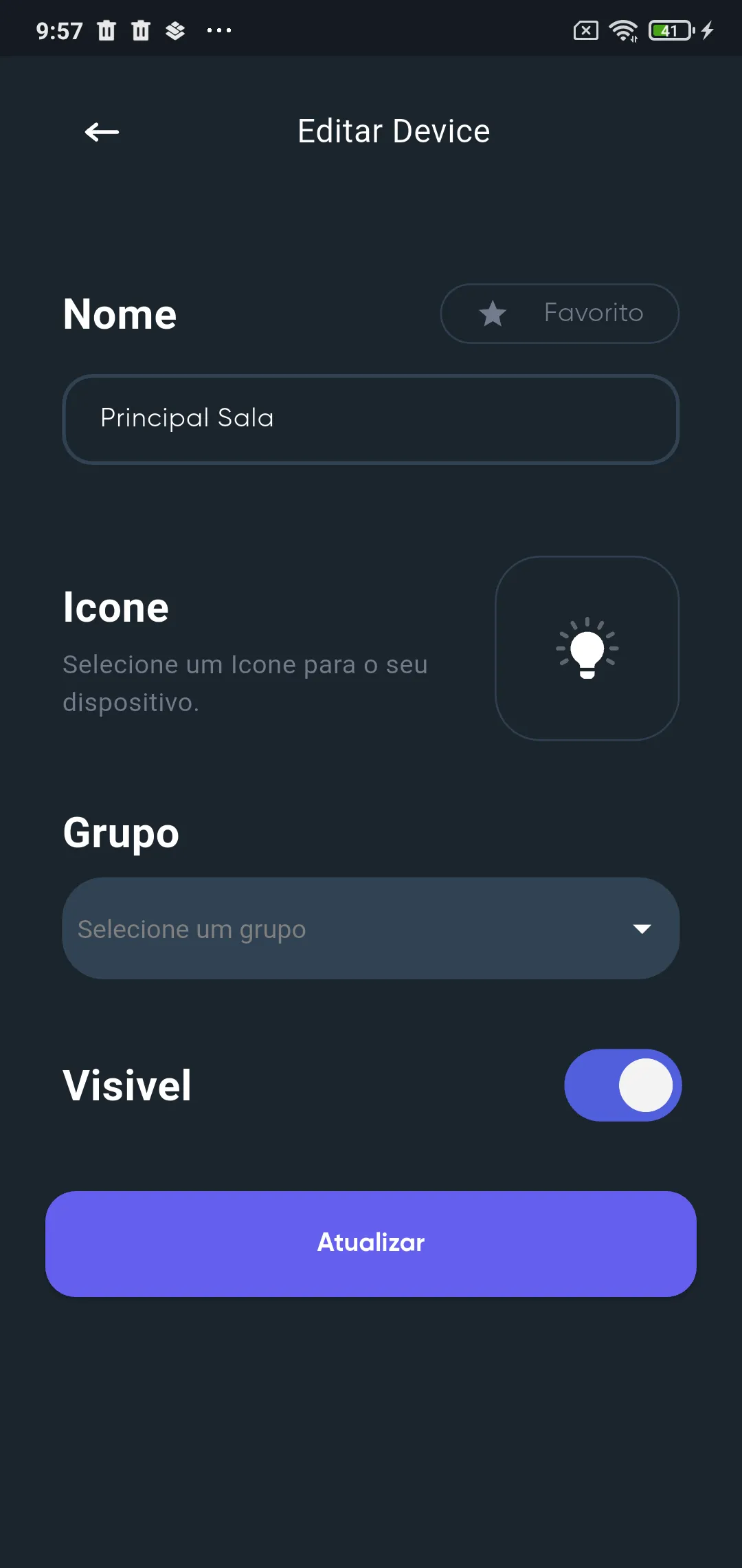 Tela Editar Device com o campo Nome, o botão Favorito, o ícone, a lista Grupo, a chave Visivel e o botão Atualizar