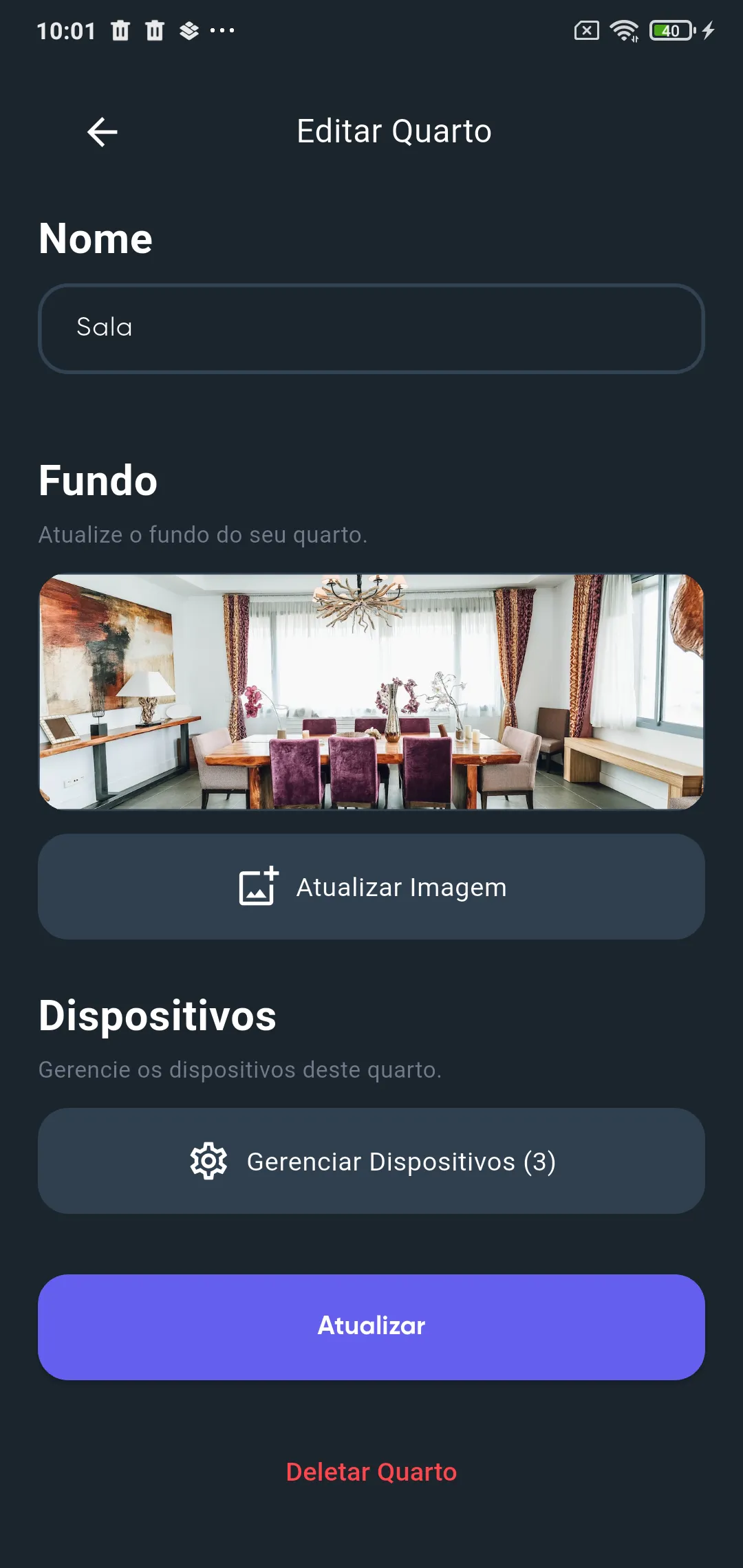 Tela Editar Quarto com o nome Sala, o fundo, os botões Atualizar Imagem e Gerenciar Dispositivos, o botão Atualizar e Deletar Quarto