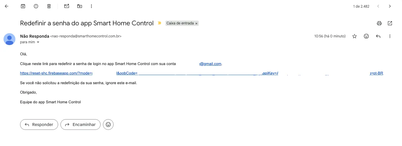 E-mail de redefinição de senha recebido na caixa de entrada