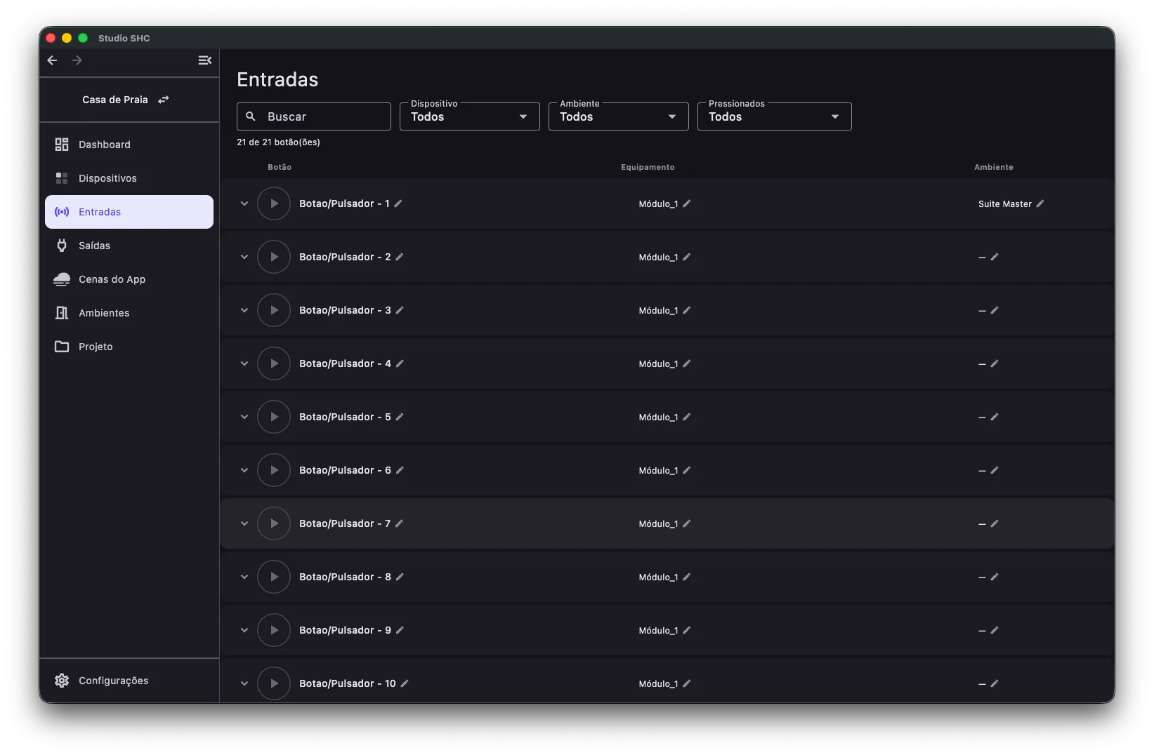 Tela Entradas com a lista de botões do projeto