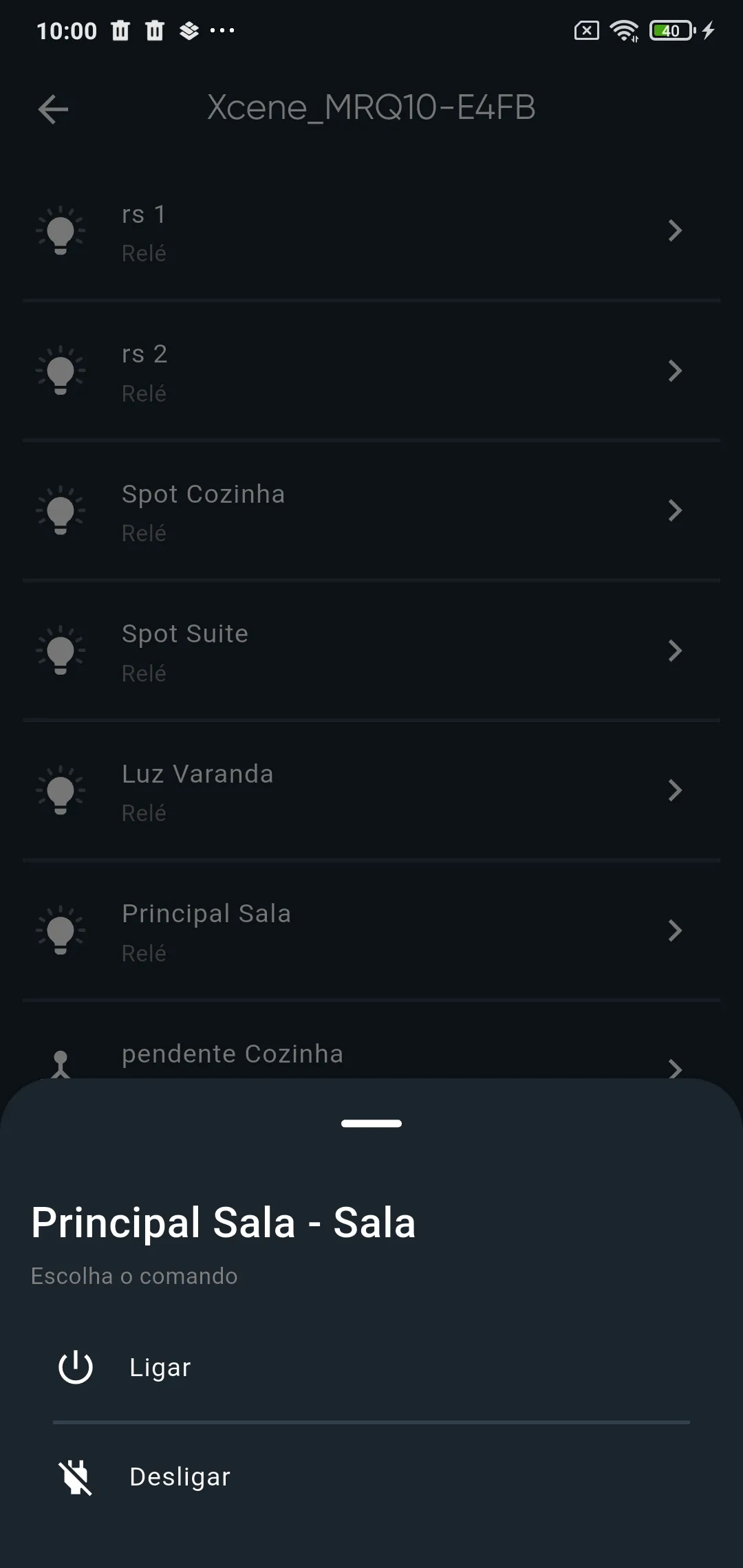 Lista Escolha o comando da saída Principal Sala, com Ligar e Desligar