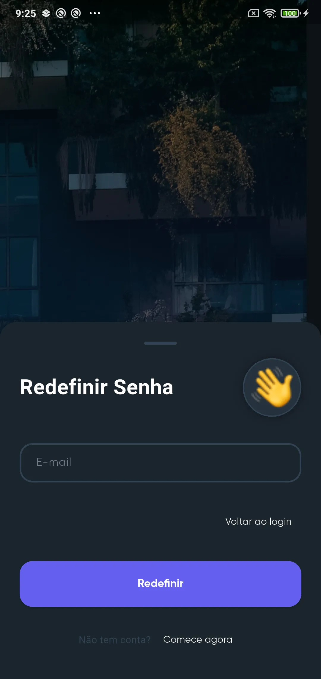 Tela Redefinir Senha com o campo E-mail, o link Voltar ao login e o botão Redefinir