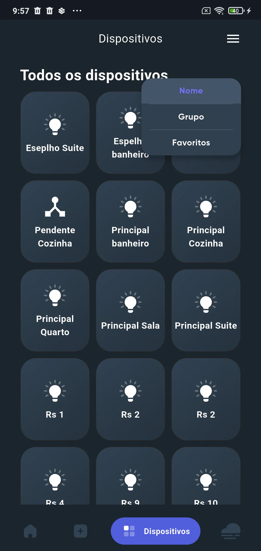 Menu de filtro aberto com as opções Nome, Grupo e Favoritos