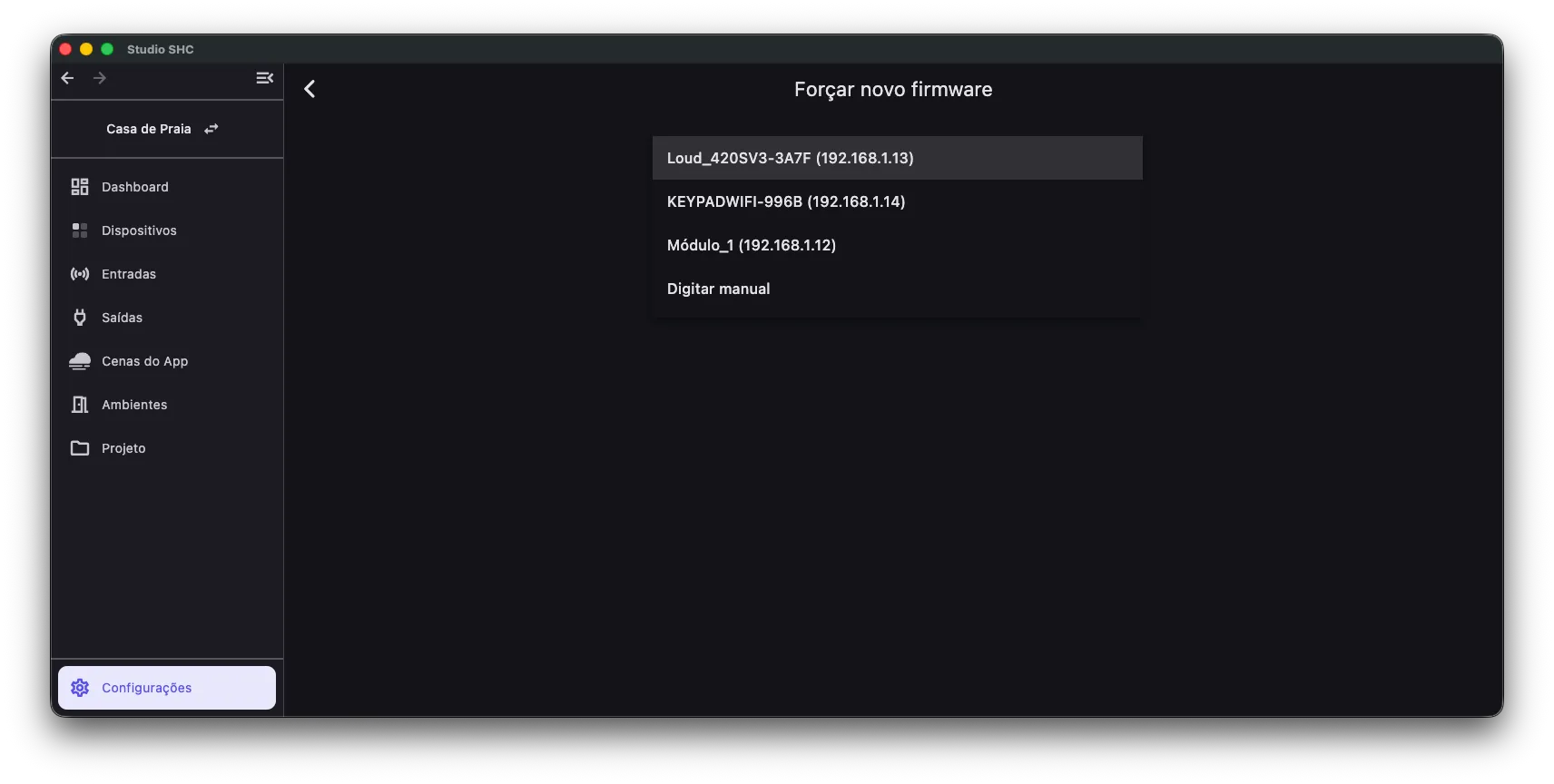 Tela Forçar novo firmware com o campo Device