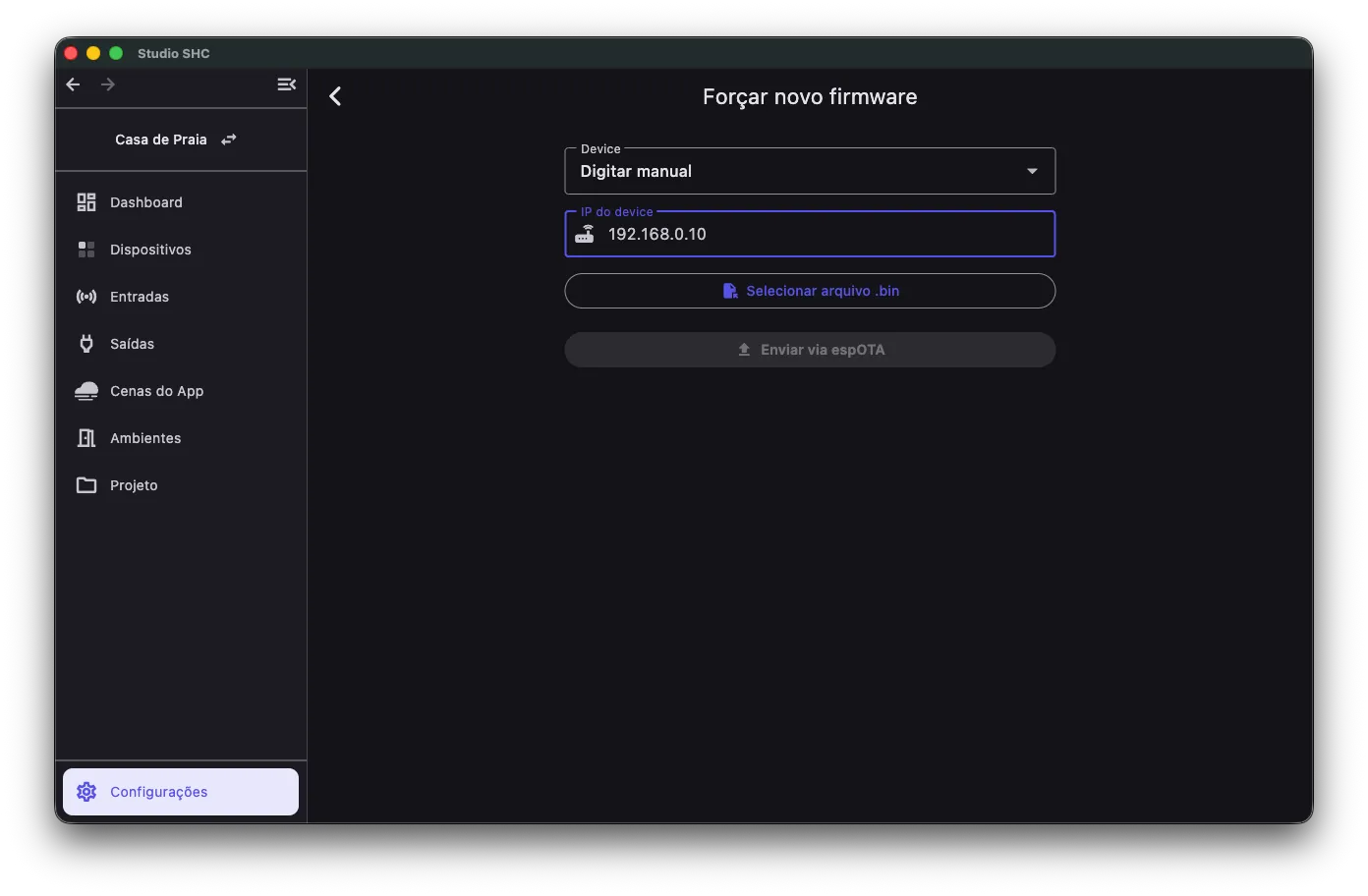 Campo IP do device na tela Forçar novo firmware