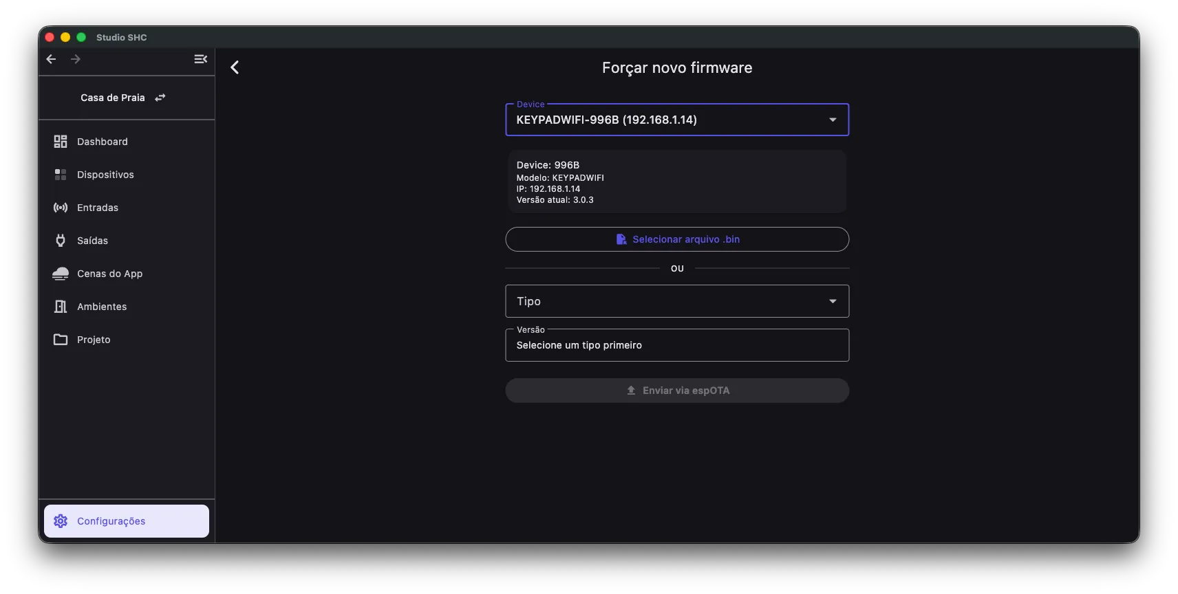 Dados do equipamento escolhido na tela Forçar novo firmware