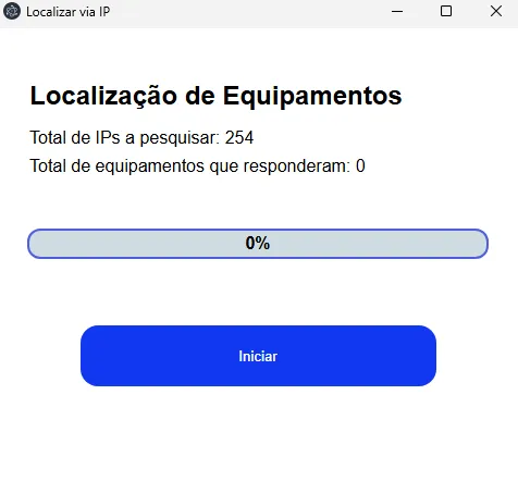 Tela Localizar via IP com o total de IPs, o total de equipamentos encontrados e o botão Iniciar