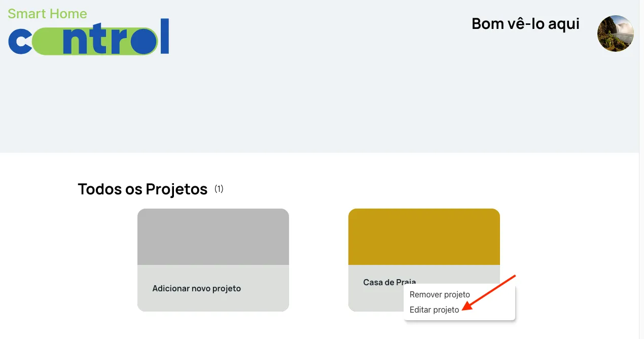 Menu do botão direito sobre o cartão do projeto com a opção Editar projeto