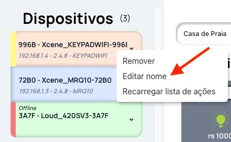 Menu do botão direito sobre o cartão do dispositivo com a opção Editar nome