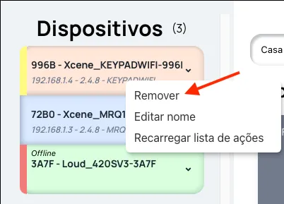 Menu do botão direito sobre o cartão do dispositivo com a opção Remover