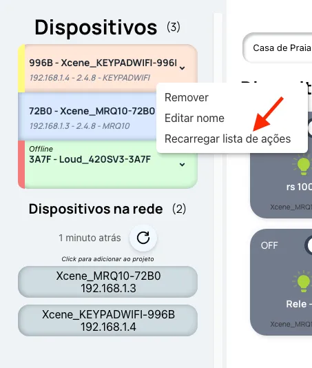 Menu do botão direito sobre o cartão com a opção Recarregar lista de ações
