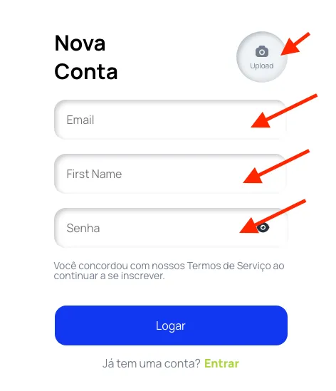 Tela Nova Conta com o botão Upload e os campos Email, First Name e Senha