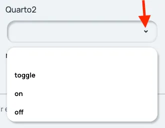 Lista de comando de uma saída aberta, com as opções em branco, toggle, on e off