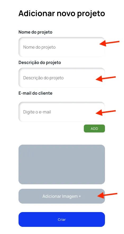 Formulário de novo projeto com nome, descrição, imagem e e-mail dos usuários