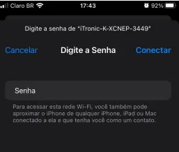 Tela de senha da rede Wi-Fi do equipamento