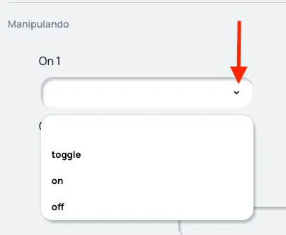 Lista On 1 aberta, com as opções em branco, toggle, on e off