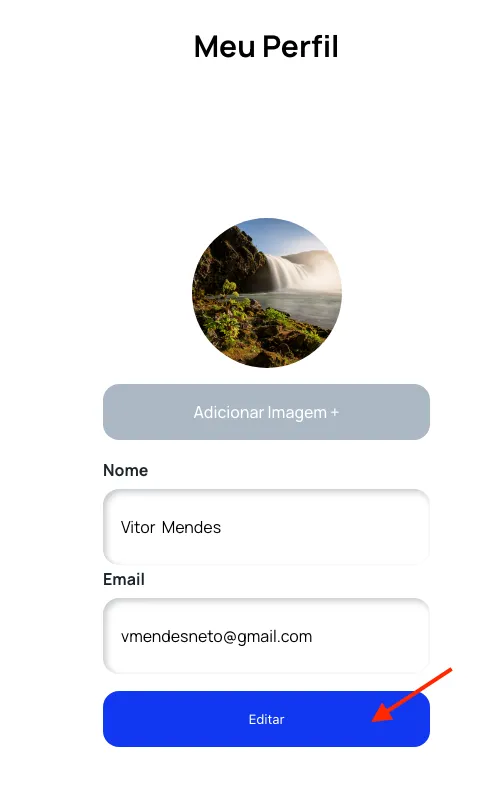 Tela Meu Perfil com a imagem de perfil, o botão Trocar imagem e os campos nome e e-mail