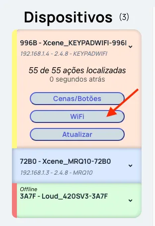 Cartão do dispositivo aberto com a opção Wi-Fi