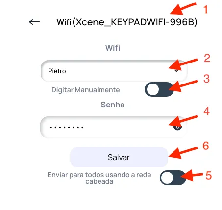 Tela Wifi com o nome do equipamento no título, o seletor de redes, o campo de senha, a opção Enviar para todos usando a rede cabeada e o botão Salvar