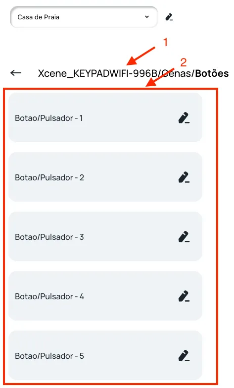 Tela com o nome do dispositivo e a lista de botões