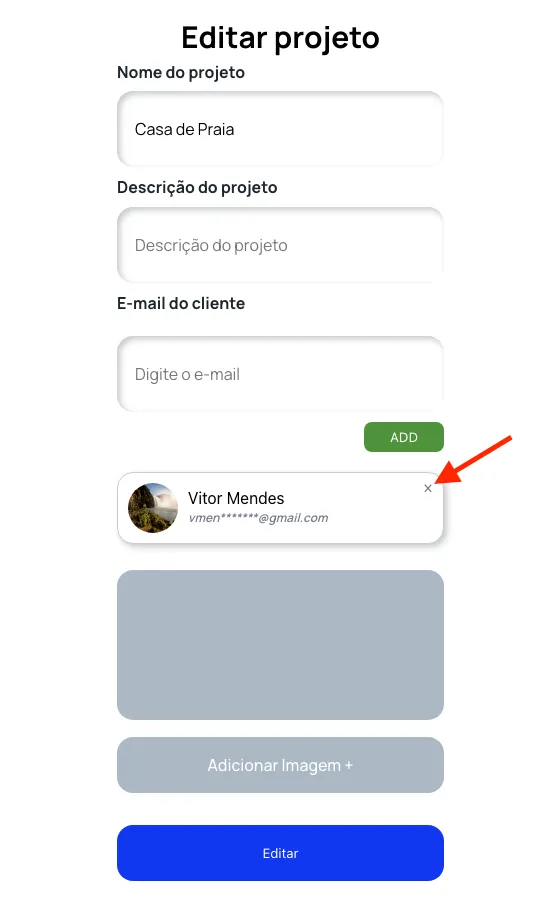 Tela de edição do projeto com os cartões dos usuários e o botão Editar