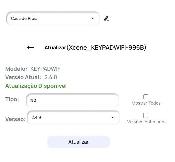 Lista de tipos de firmware com o tipo atual selecionado