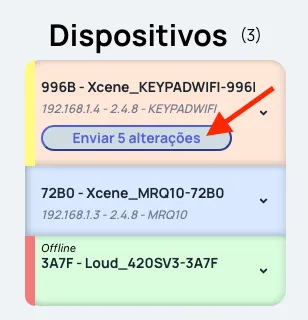 Cartão do dispositivo com o botão Enviar X alterações