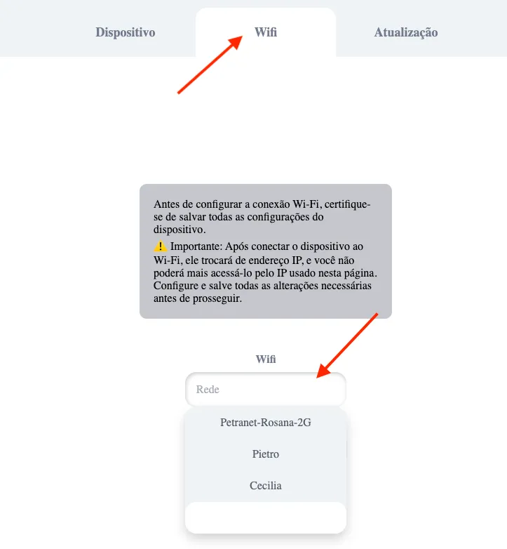 Aba Wifi da página de configuração com a lista de redes encontradas