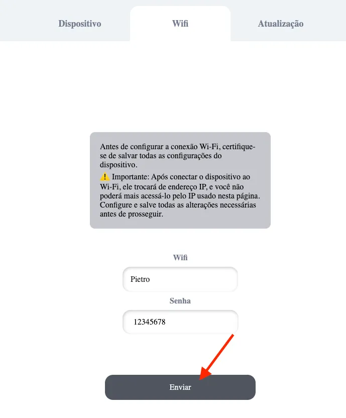 Aba Wifi com a rede escolhida, a senha preenchida e o botão Enviar