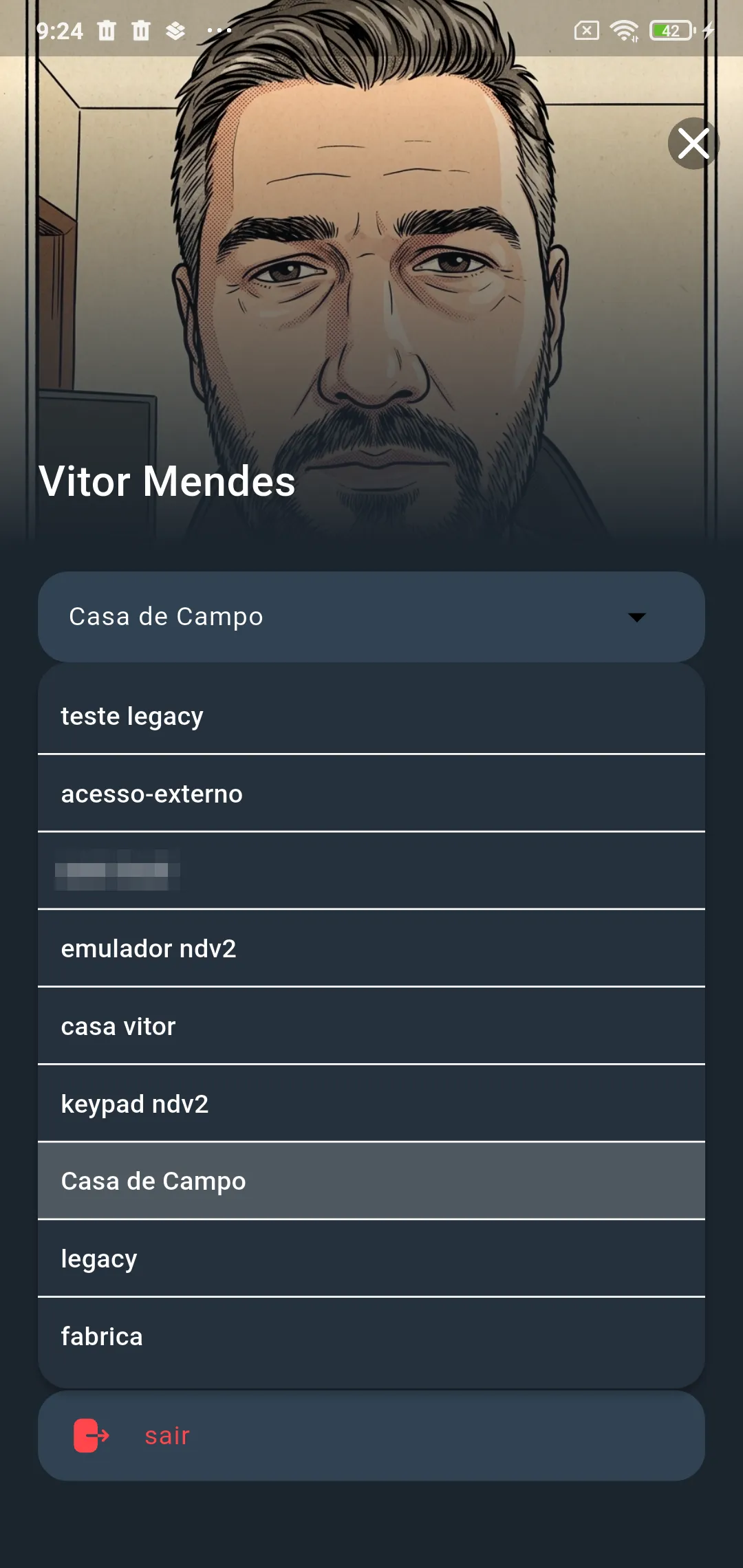 Menu lateral com a lista de casas aberta e a casa atual destacada