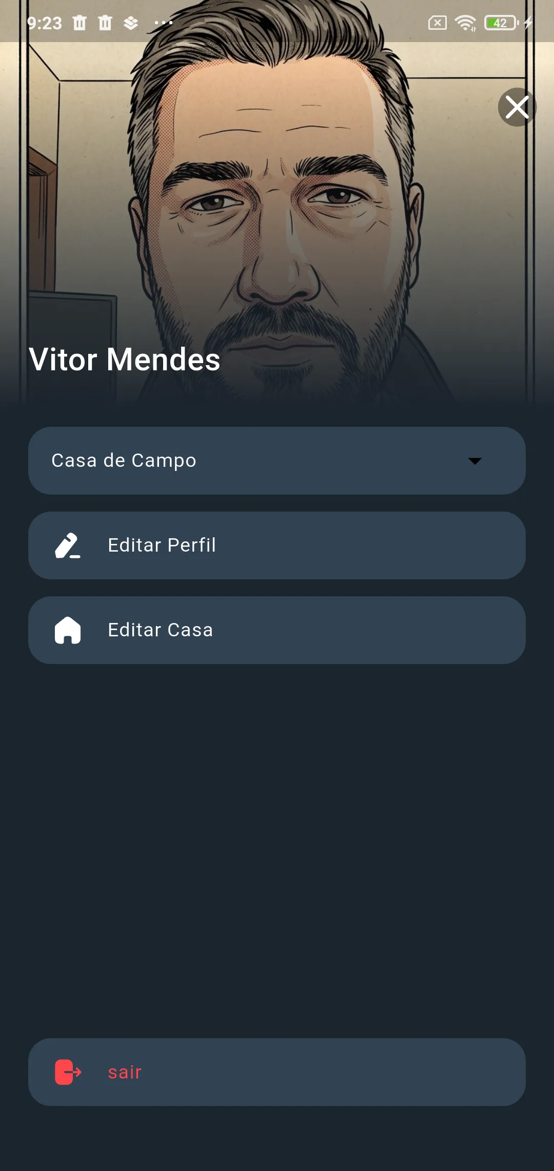 Menu lateral com o nome da casa, Editar Perfil, Editar Casa e sair