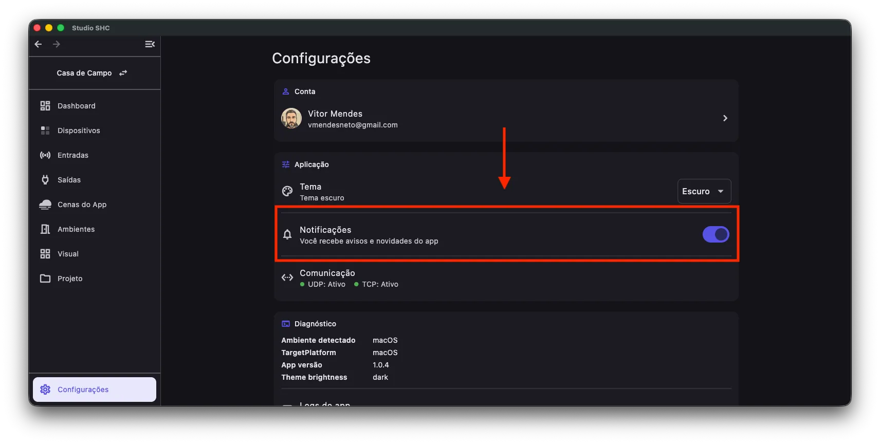 Item Notificações na seção Aplicação das Configurações