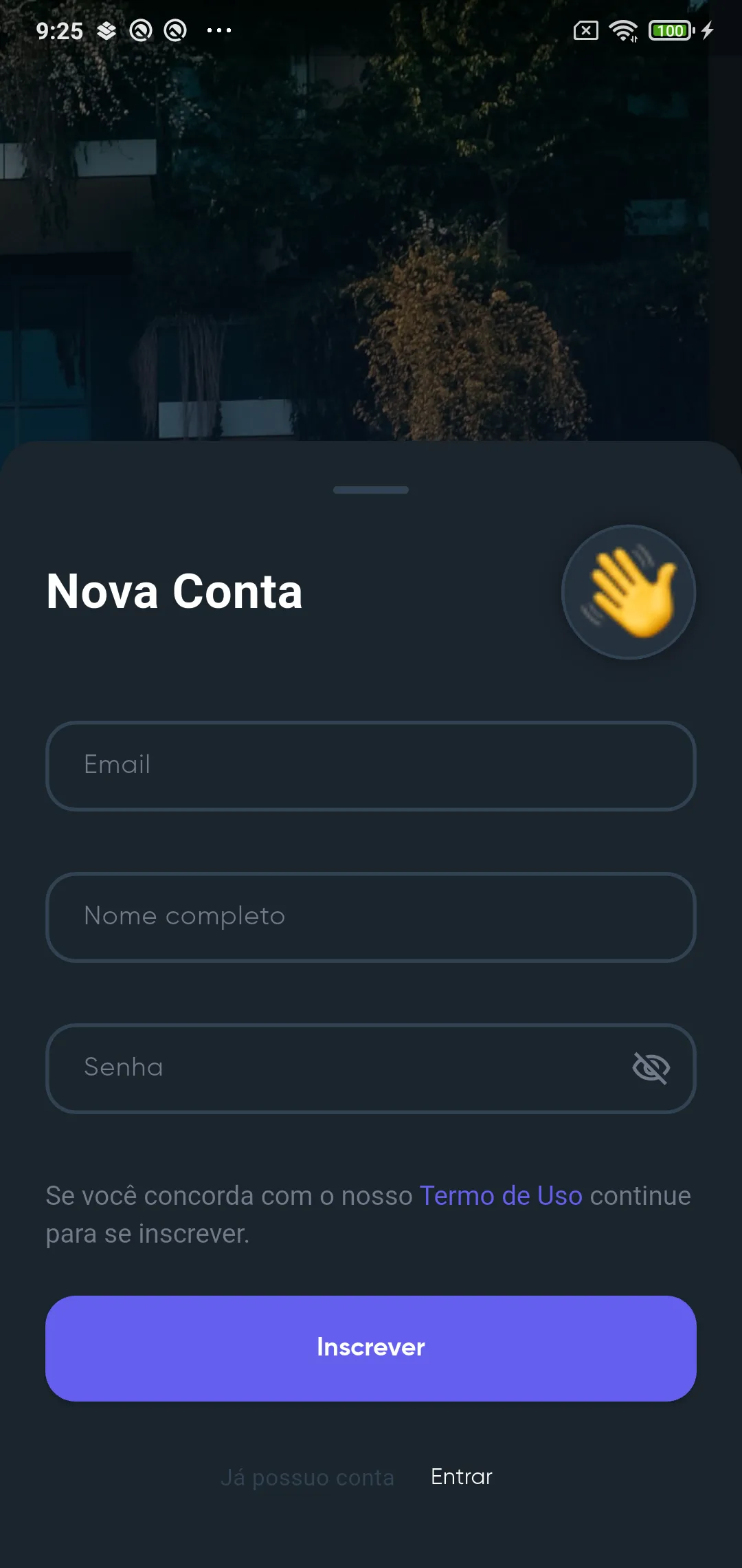 Tela Nova Conta com os campos Email, Nome completo e Senha, o link Termo de Uso e o botão Inscrever