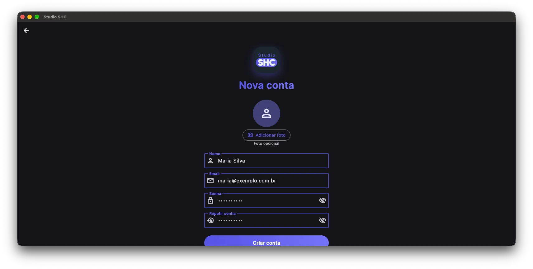 Tela Nova conta com Nome, Email, Senha e Repetir senha preenchidos e o botão Criar conta