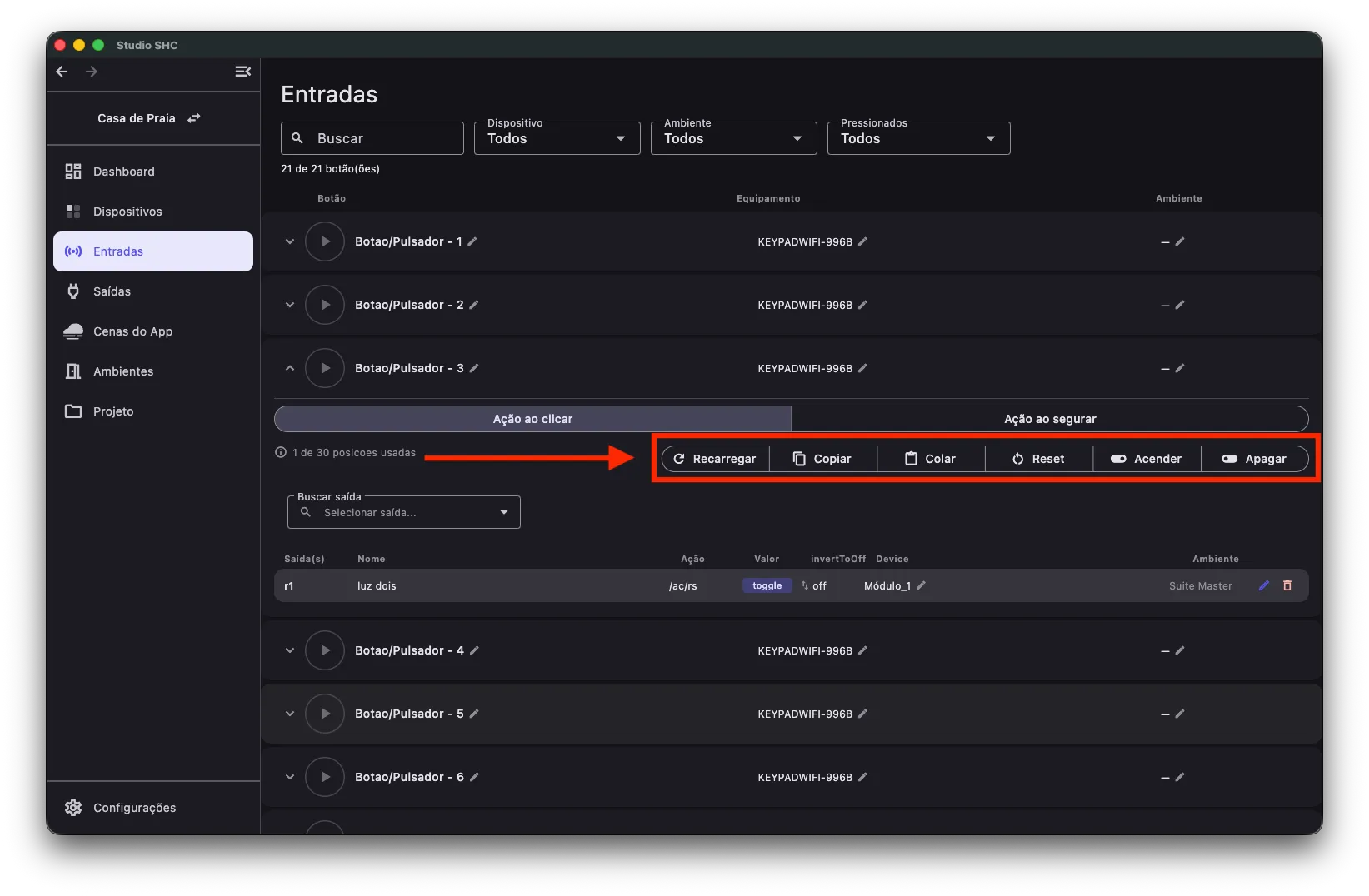 Opções Recarregar, Copiar, Colar, Reset, Acender e Apagar na entrada expandida