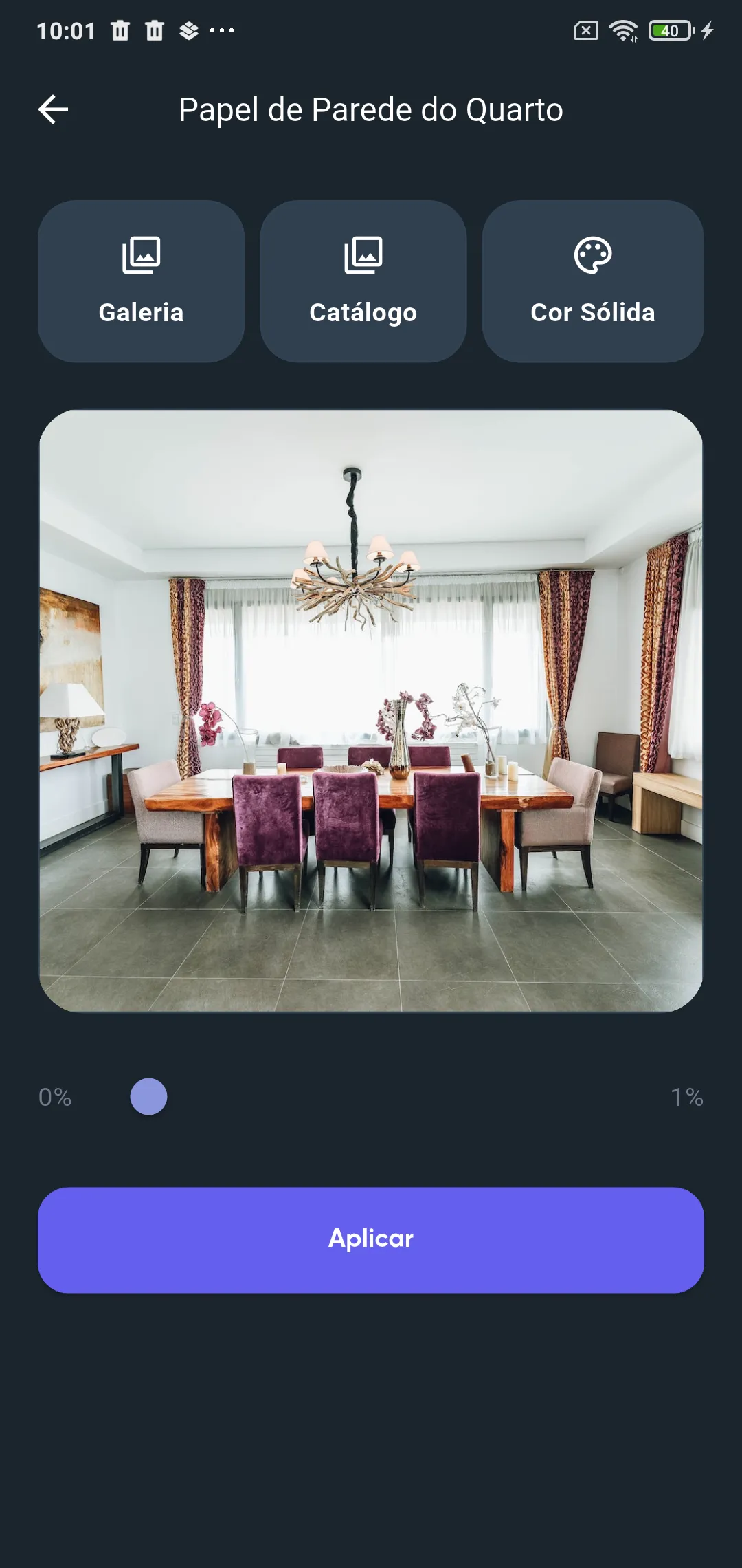 Tela Papel de Parede do Quarto com os botões Galeria, Catálogo e Cor Sólida, a imagem escolhida, a barra de transparência e o botão Aplicar
